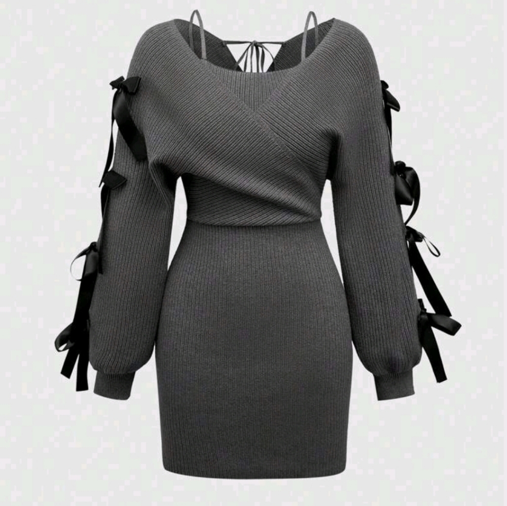 Elegant Gray Knit Dress with Ribbon Details